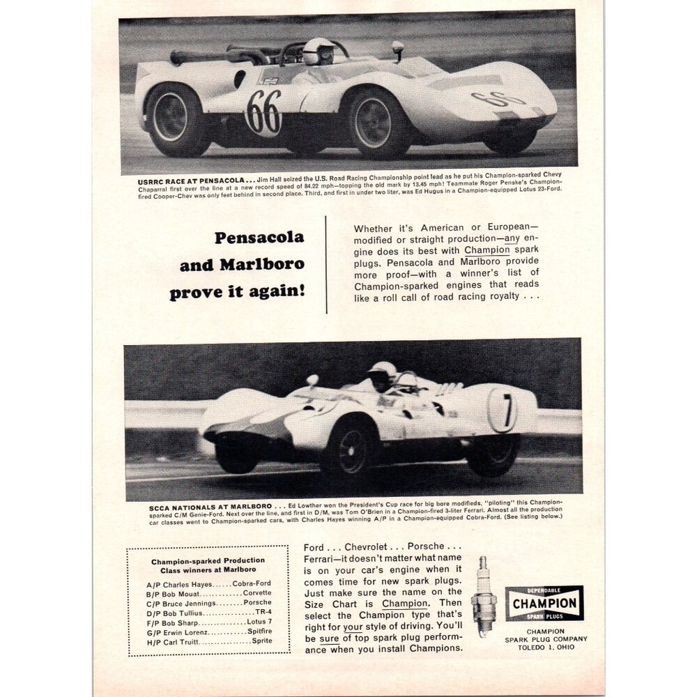 1964 Champion Spark Plugs Race Car Vintage Print Ad Pensacola Marlboro Wall Art